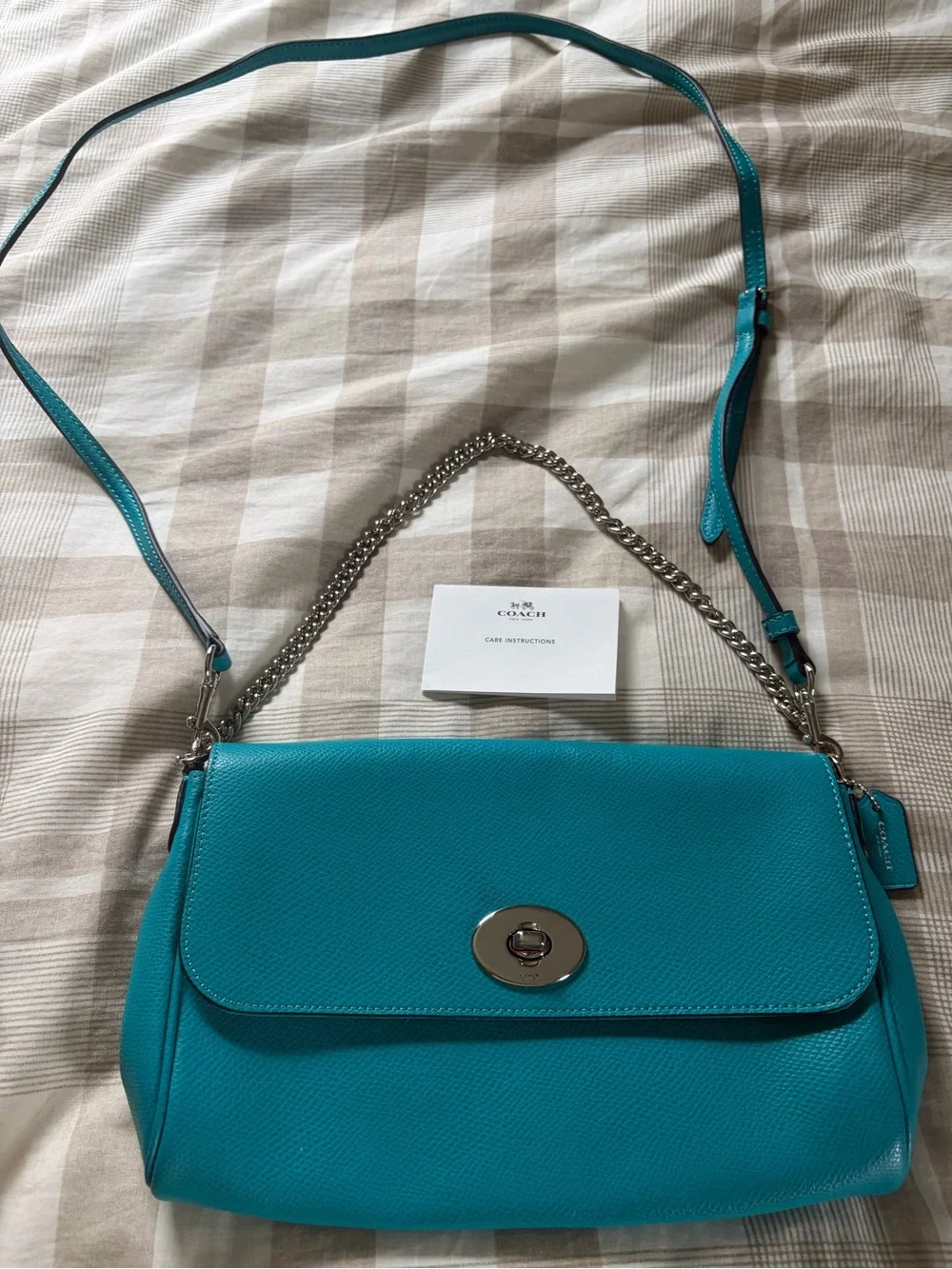 Coach Turquoise Leather Crossbody Bag with Chain Strap
